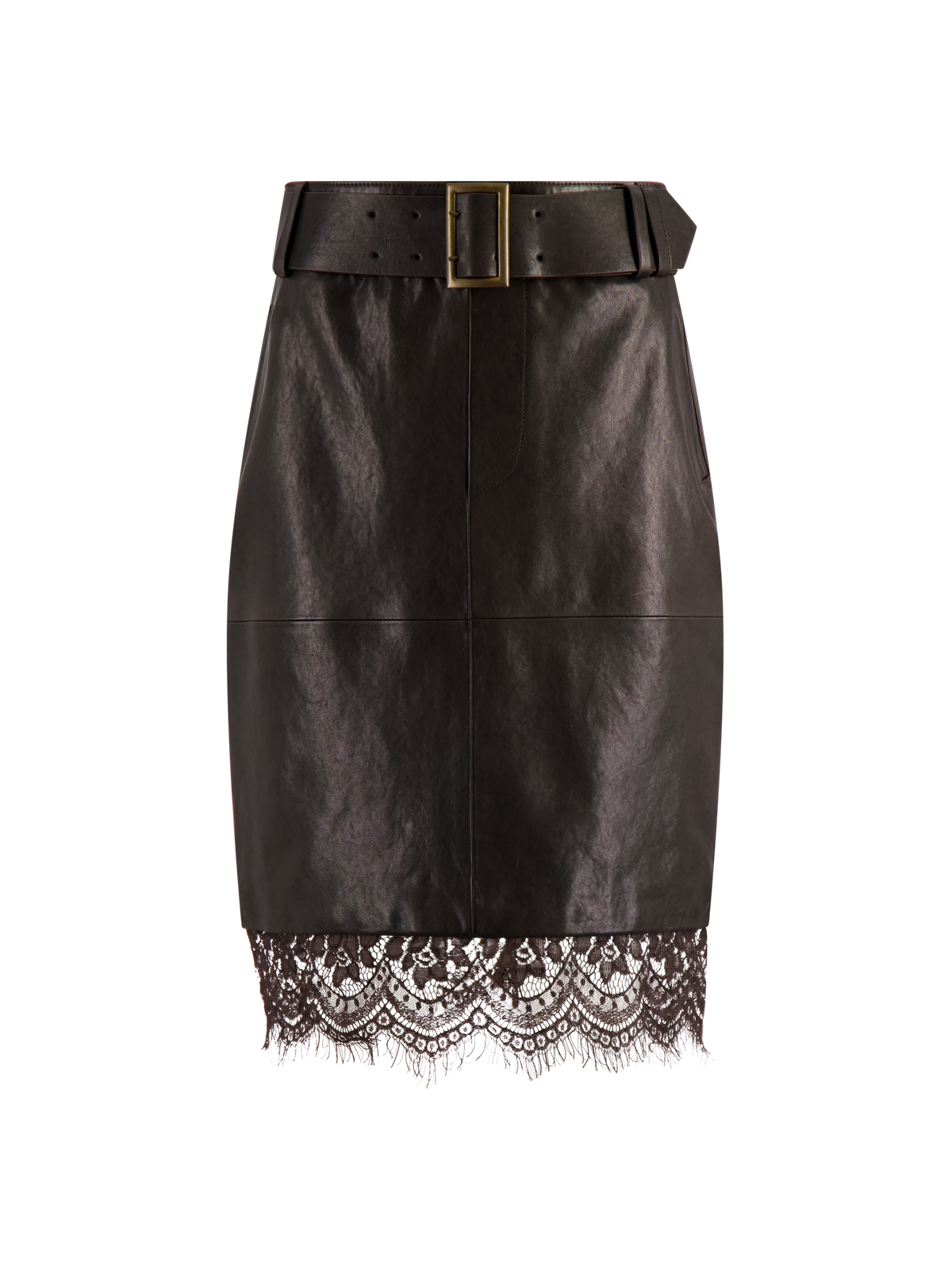 Lace-Trim Leather Midi Skirt