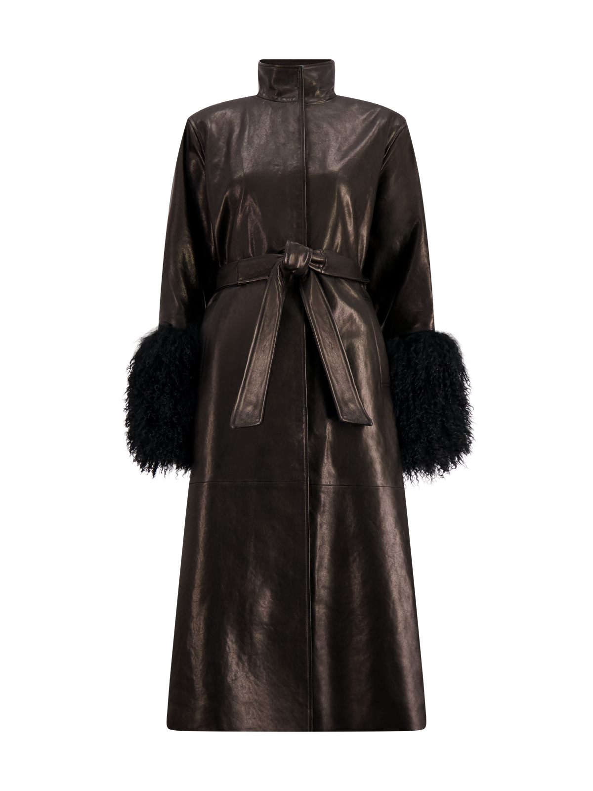 Leather Coat with Shearling Cuffs | Black