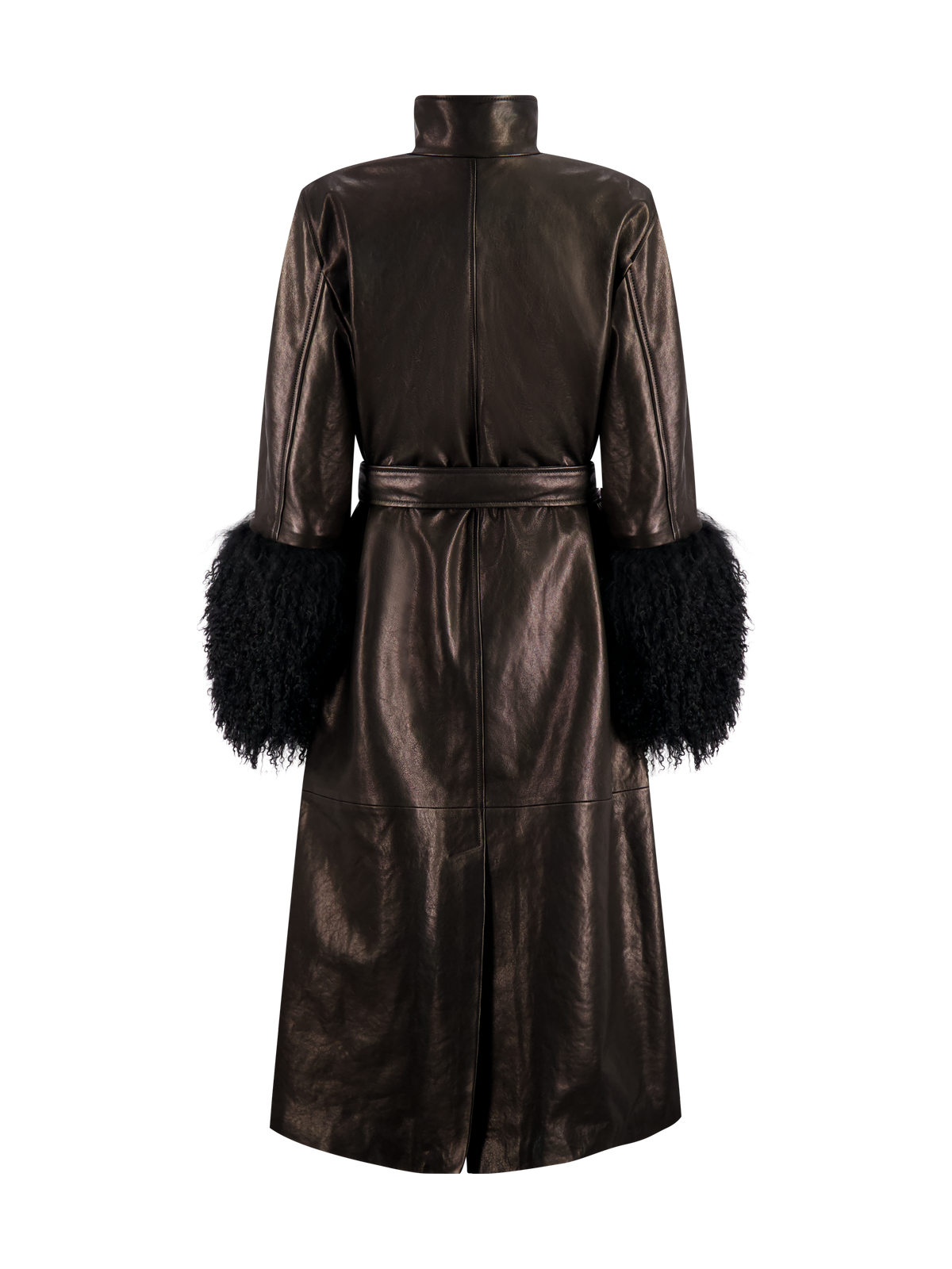 Leather Coat with Shearling Cuffs | Black