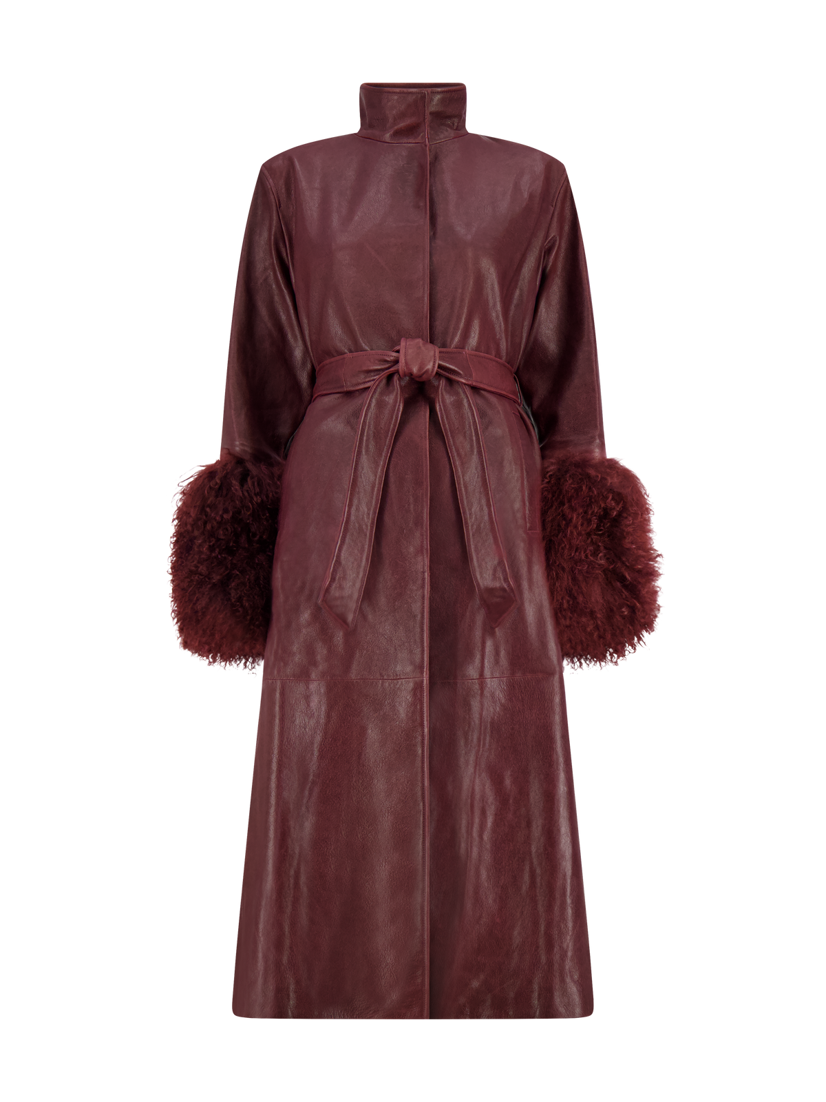 Leather Coat with Shearling Cuffs | Burgundy