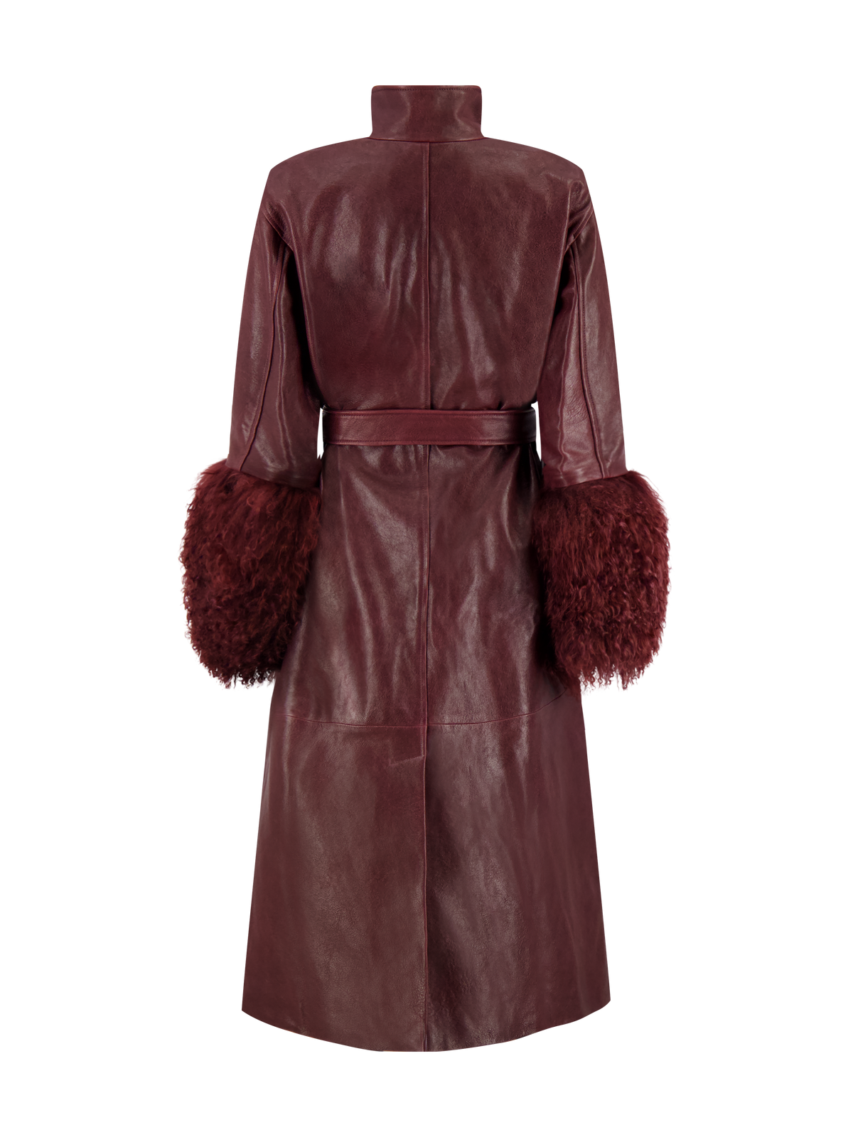 Leather Coat with Shearling Cuffs | Burgundy