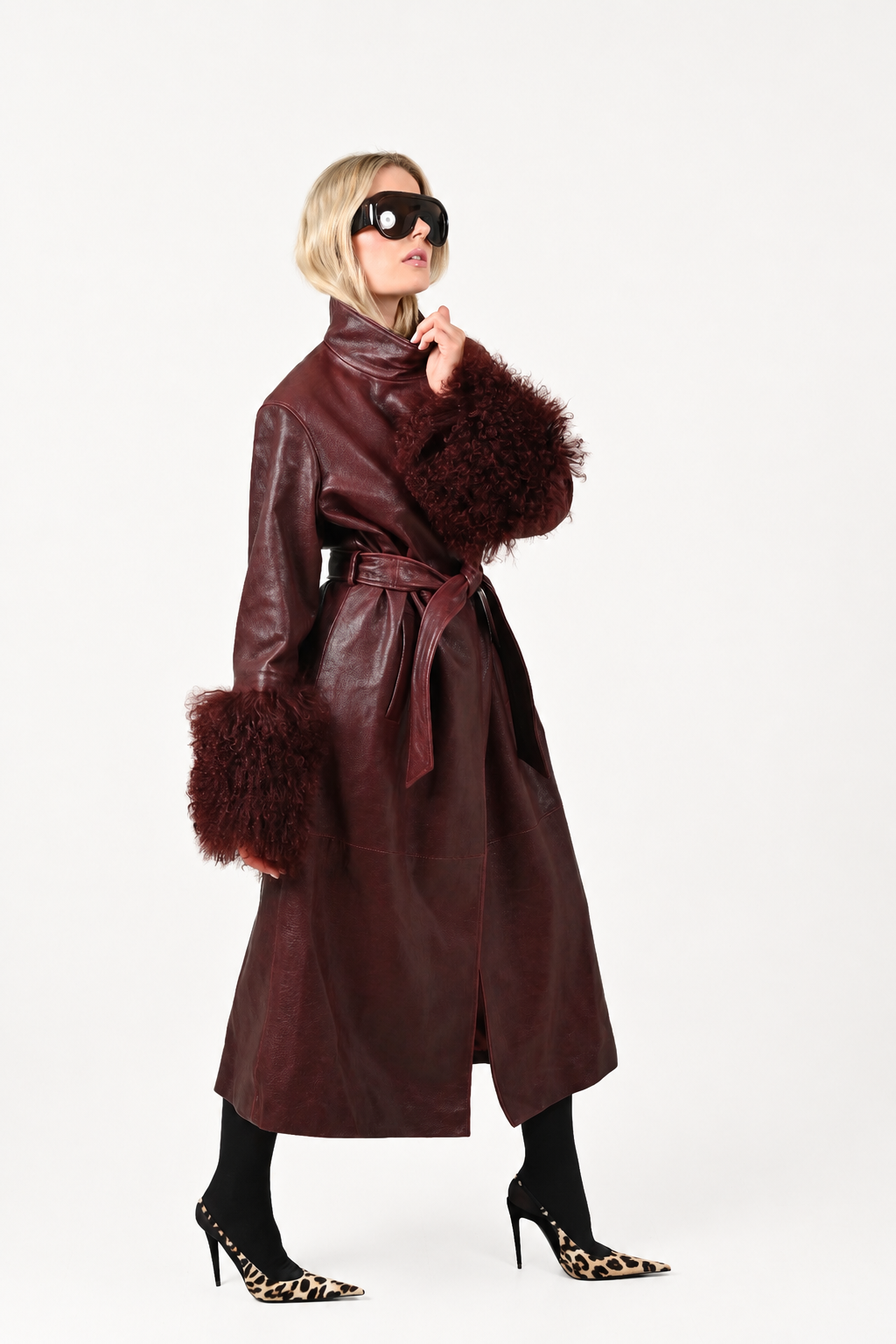 Leather Coat with Shearling Cuffs | Burgundy