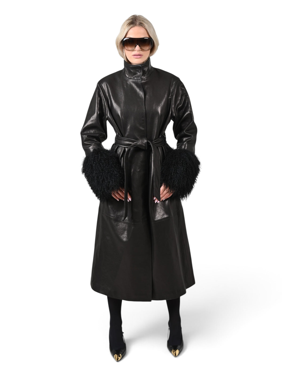 Leather Coat with Shearling Cuffs | Black